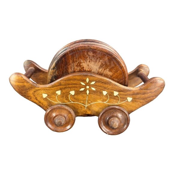 Vintage Wooden Wheel Cart Shape Tea Coffee Coaster Home Decorative Set 6 VTG - Picture 9 of 10